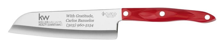 Santoku engraved with Keller Williams logo and agent contact details
