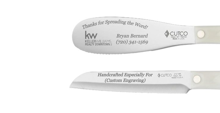 Spreader engraved with a thank-you message and agent details