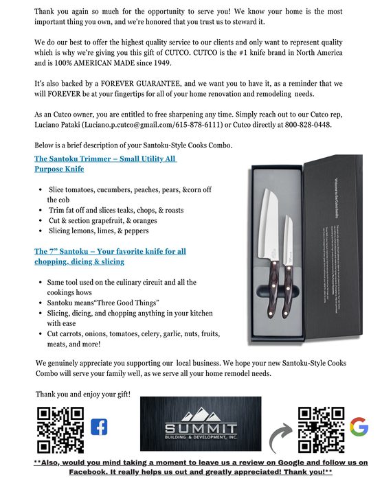 Client gift letter explaining the enclosed Cutco set, with company branding and review QR codes